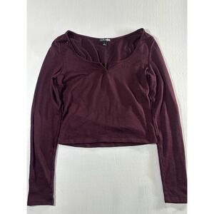 Fashion Nova Long-sleeve Notch Neck Ribbed Crop Top Burgundy Size Large